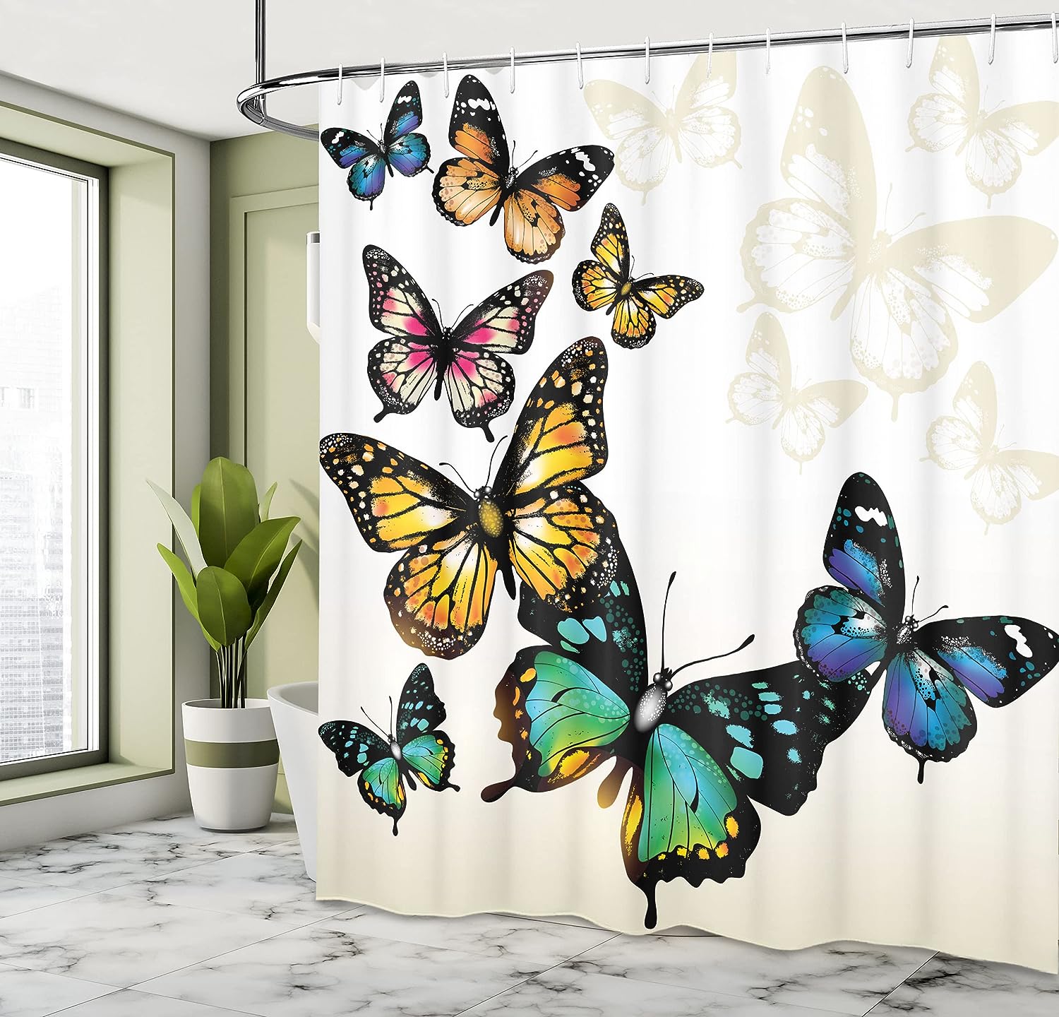 Vivid Butterfly Shower Curtain, Flying Monarchs Shades Shadows Dreamlike Fantasy Display Print for Bathroom Décor