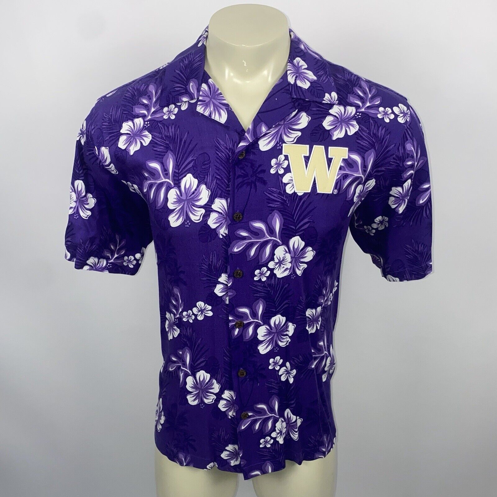 Washington Huskies Hawaiian Shirt Mens Medium Rayon Chiliwear Floral Loop Collar