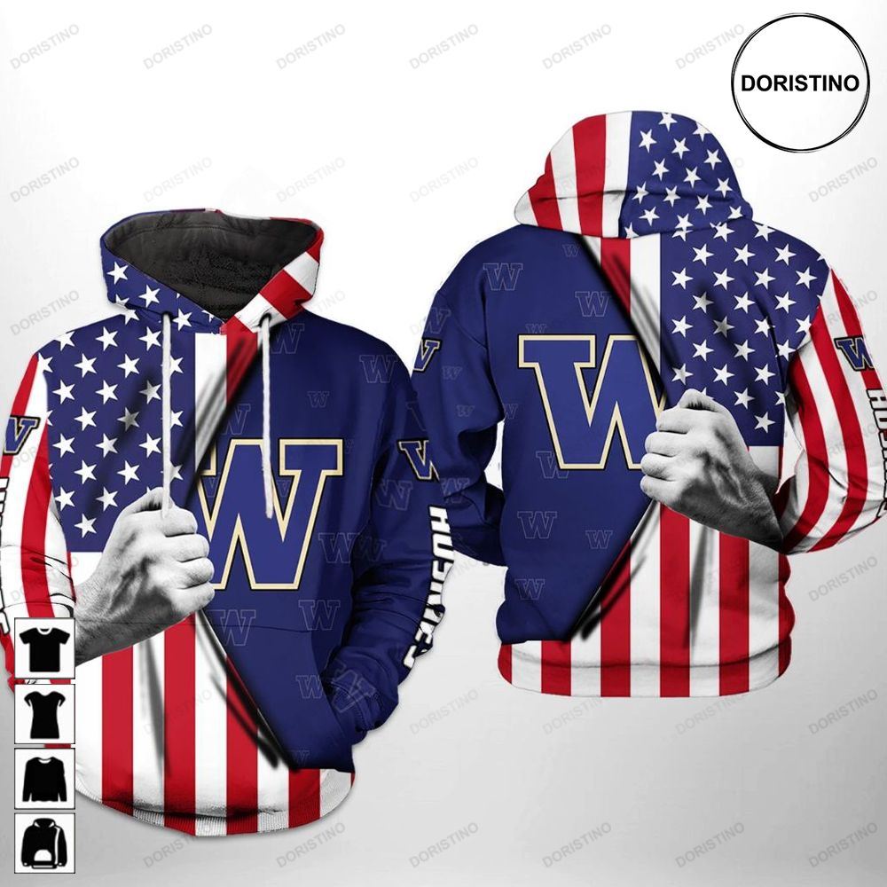 Washington Huskies NCAA US Flag Awesome 3D Hoodie