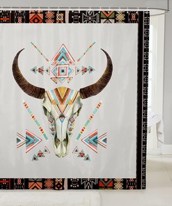 Watercolor Boho Cow Skull Shower Curtain - Tribal Geometric Print in Cowboy Style
