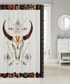 Watercolor Boho Cow Skull Shower Curtain - Tribal Geometric Print in Cowboy Style