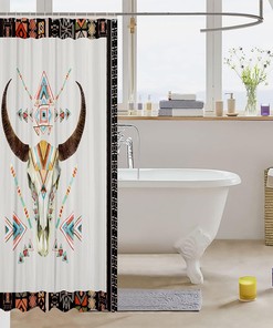 Watercolor Boho Cow Skull Shower Curtain - Tribal Geometric Print in Cowboy Style