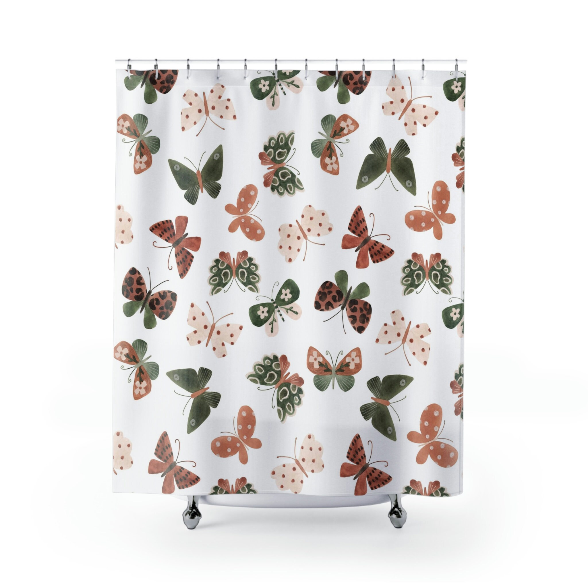 Watercolor Butterfly Boho Shower Curtain with Green and Rust Design
