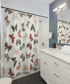 Watercolor Butterfly Boho Shower Curtain with Green and Rust Design