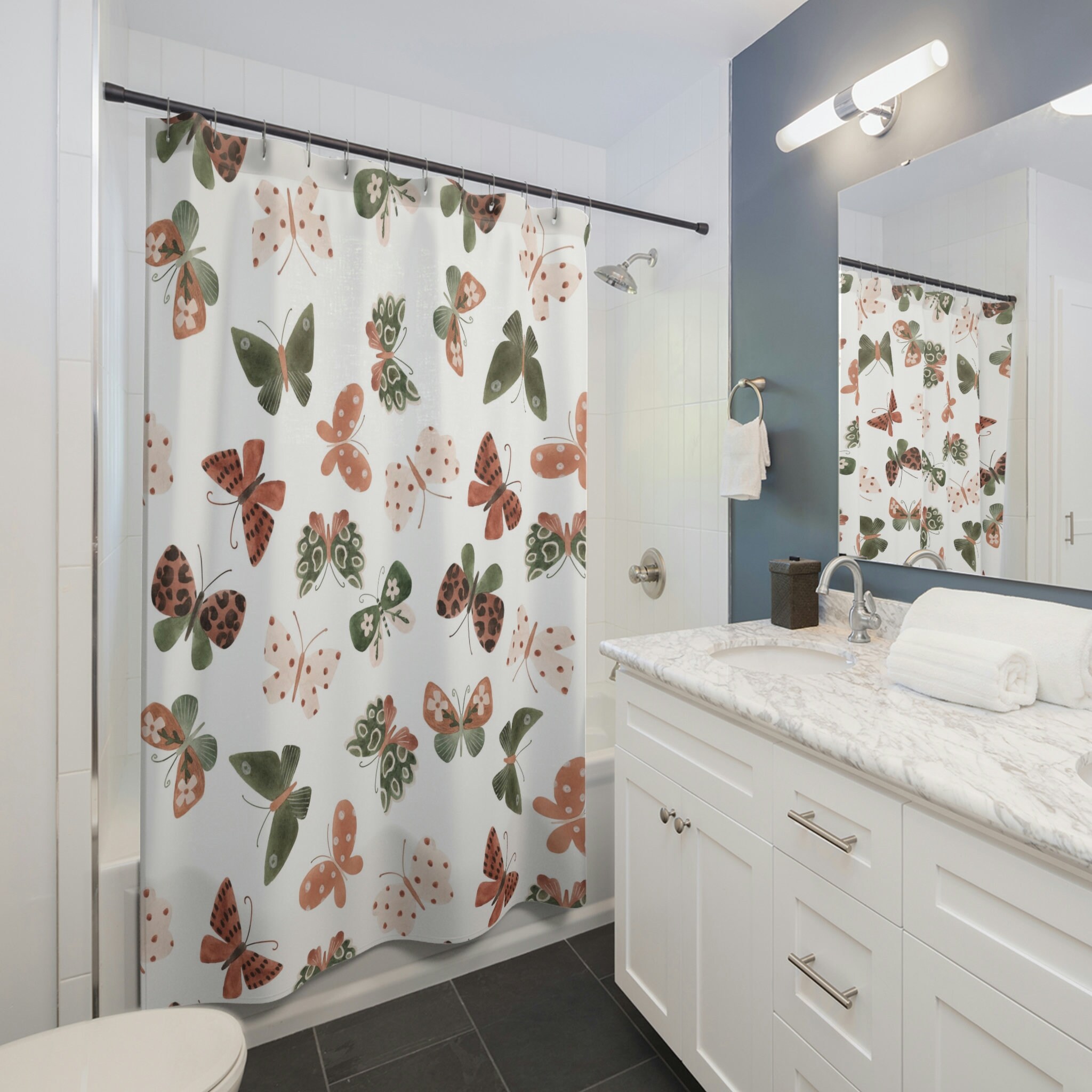 Watercolor Butterfly Boho Shower Curtain with Green and Rust Design