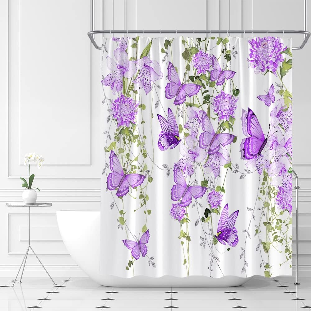 Watercolor Butterfly Shower Curtain - Rustic Floral Bathroom Decor