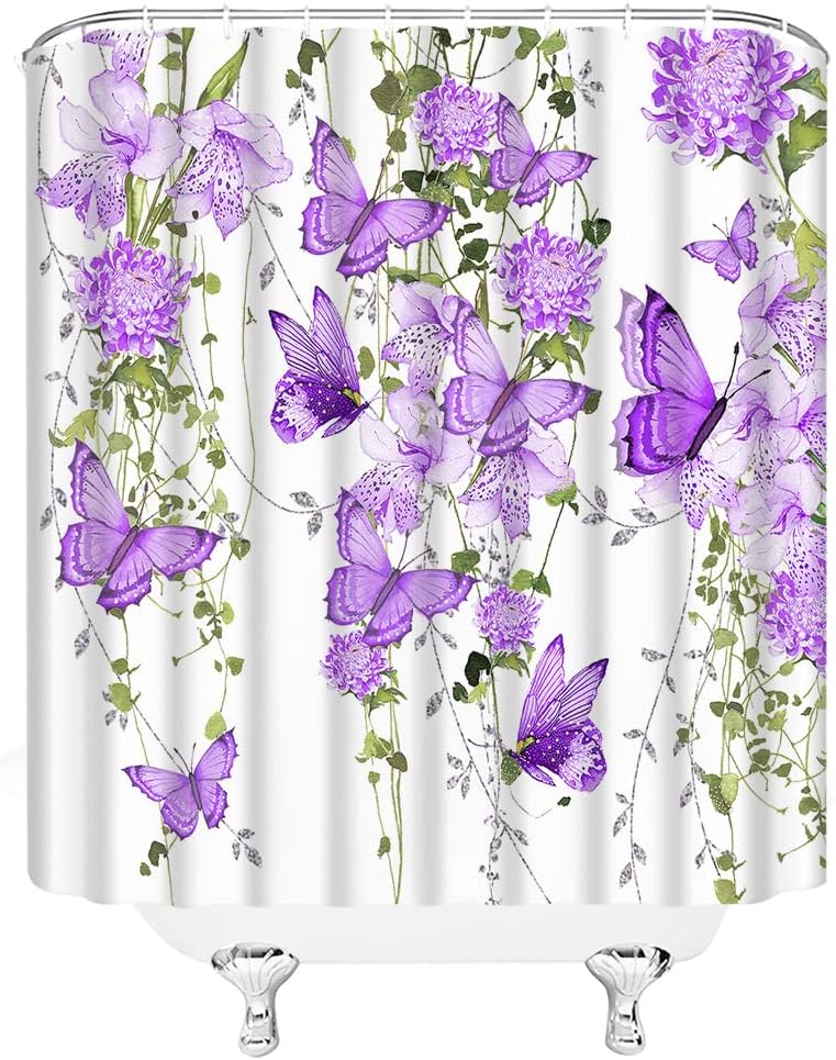 Watercolor Butterfly Shower Curtain - Rustic Floral Bathroom Decor