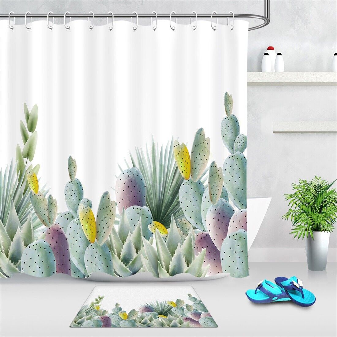 Watercolor Cactus Succulent Plant Shower Curtain Bathroom Decor