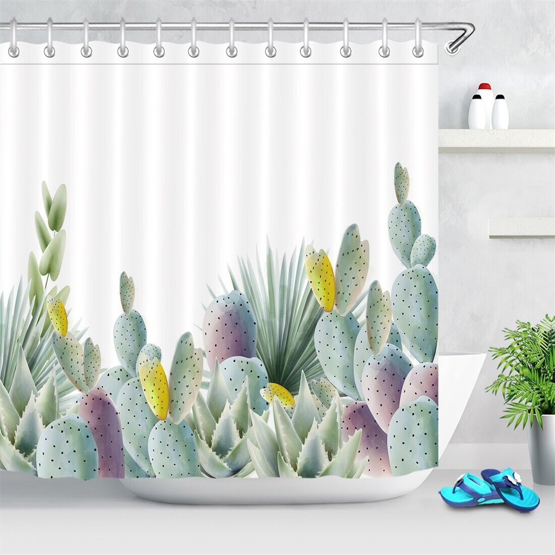 Watercolor Cactus Succulent Plant Shower Curtain Bathroom Decor