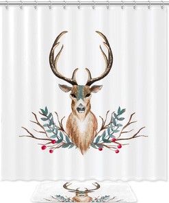Watercolor Christmas Deer Waterproof Shower Curtain for Traditional Bathroom Decor