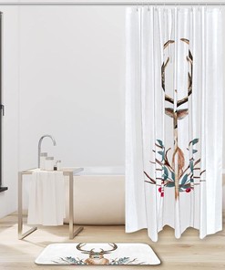 Watercolor Christmas Deer Waterproof Shower Curtain for Traditional Bathroom Decor