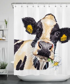 Watercolor Farm Cow Daisy Flower Shower Curtain for Rustic Bathroom Decor