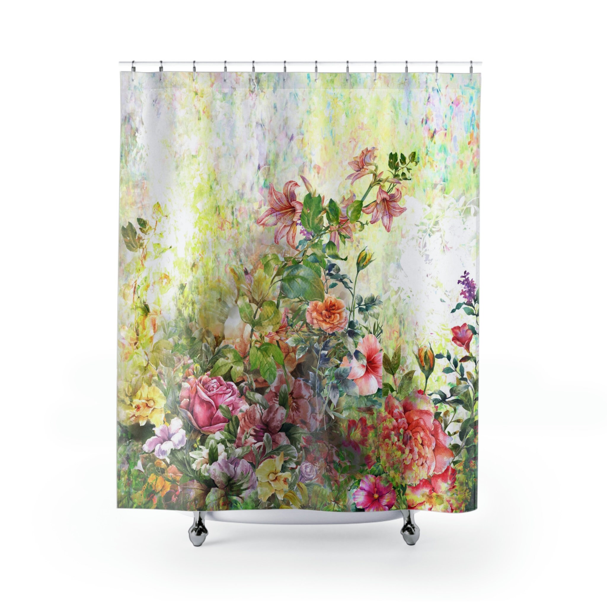 Watercolor Floral Garden Shower Curtain - Botanical Bathroom Decor