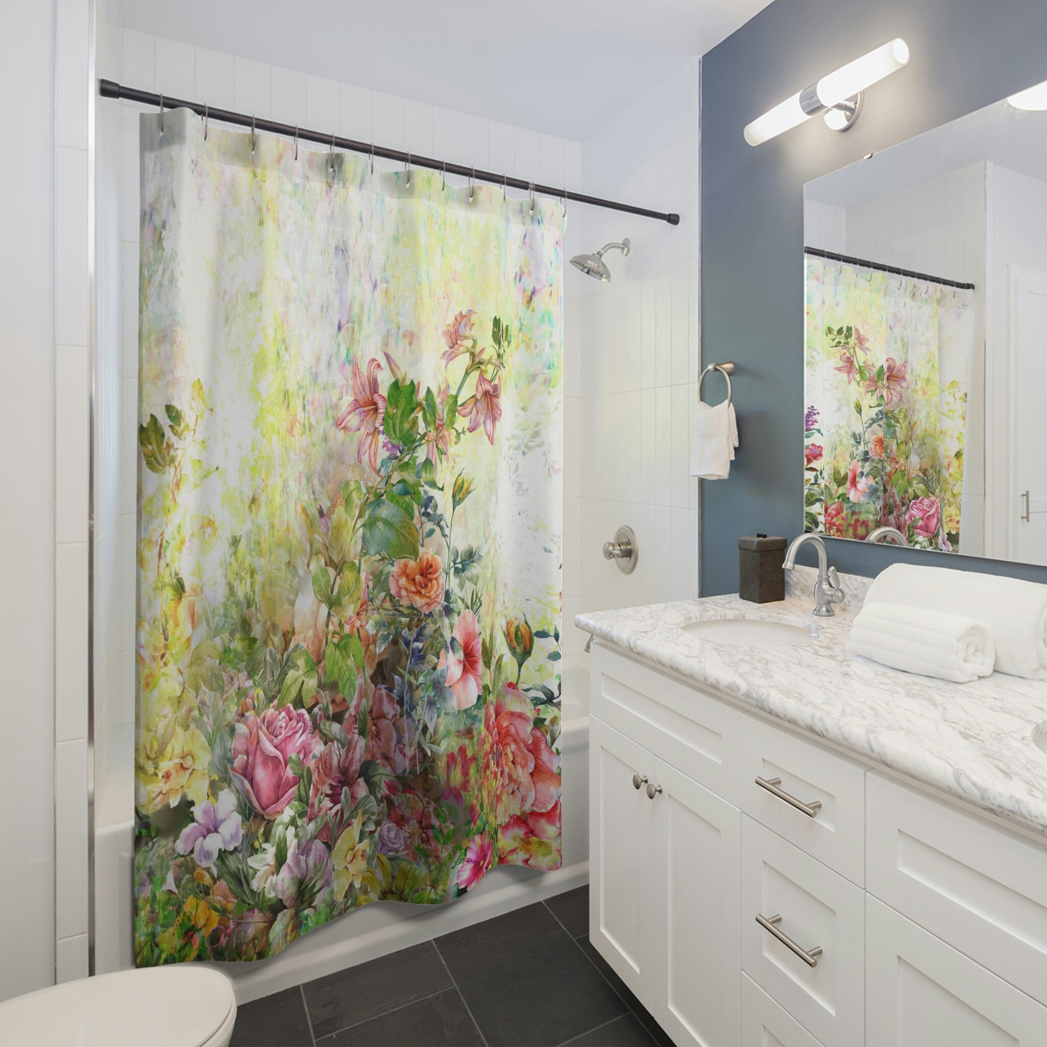 Watercolor Floral Garden Shower Curtain - Botanical Bathroom Decor