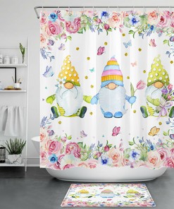 Watercolor Flower Butterfly Gnome Shower Curtain - Cute Bathroom Decor Gift