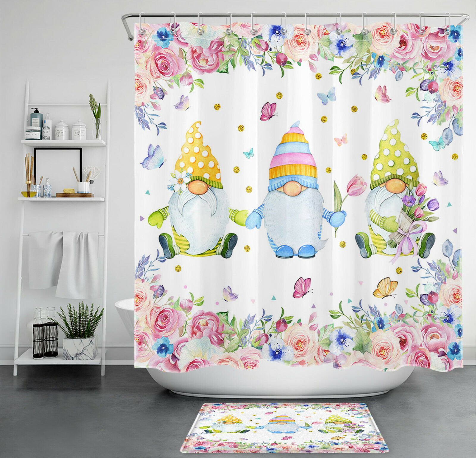 Watercolor Flower Butterfly Gnome Shower Curtain - Cute Bathroom Decor Gift