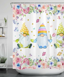 Watercolor Flower Butterfly Gnome Shower Curtain - Cute Bathroom Decor Gift