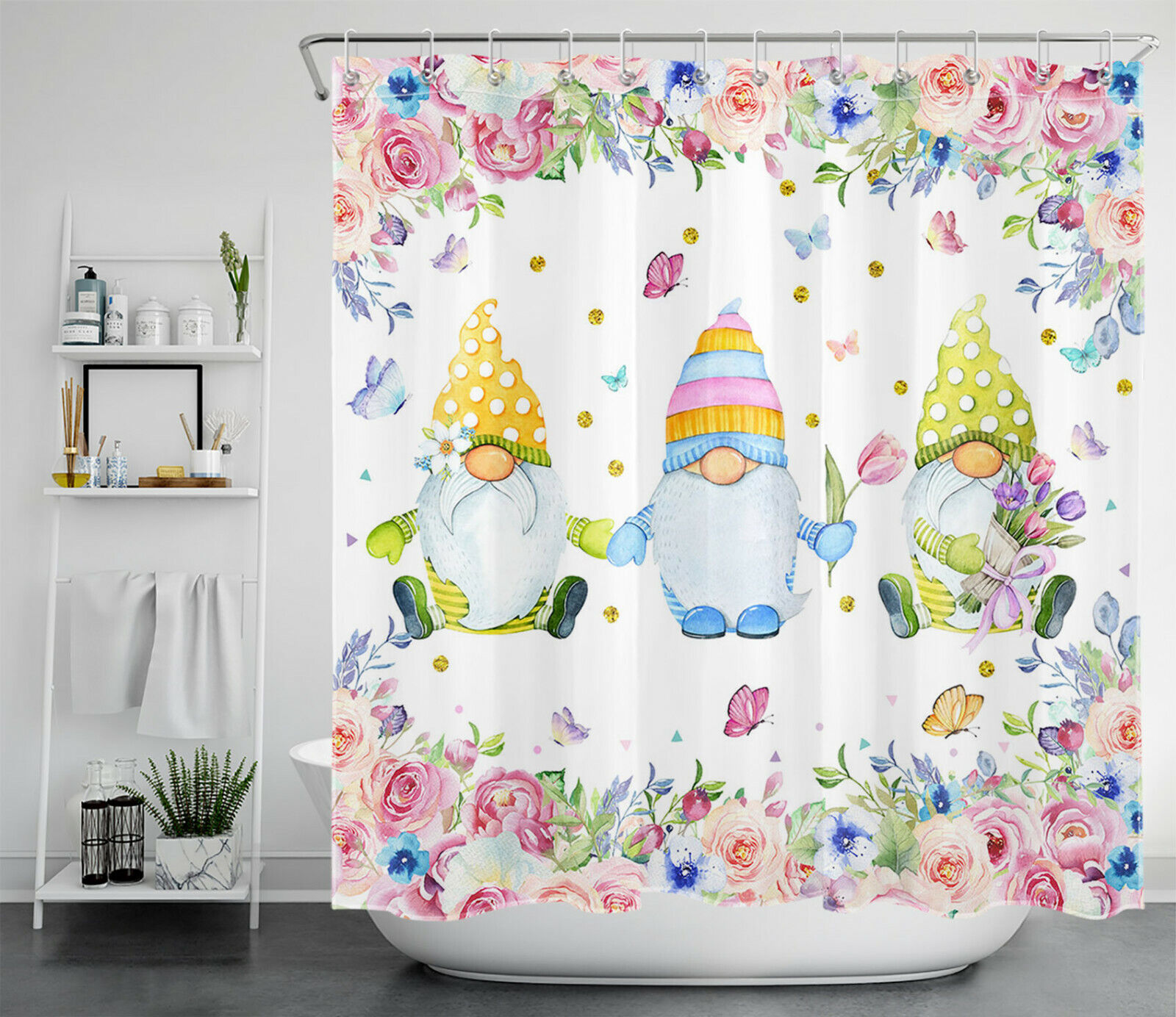 Watercolor Flower Butterfly Gnome Shower Curtain - Cute Bathroom Decor Gift