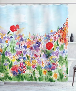 Watercolor Flower Shower Curtain, Summer Garden Grass Blooms Love Illustration Print Cloth Fabric Bathroom Decor