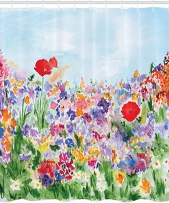 Watercolor Flower Shower Curtain, Summer Garden Grass Blooms Love Illustration Print Cloth Fabric Bathroom Decor