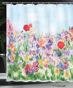 Watercolor Flower Shower Curtain, Summer Garden Grass Blooms Love Illustration Print Cloth Fabric Bathroom Decor
