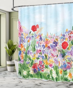 Watercolor Flower Shower Curtain, Summer Garden Grass Blooms Love Illustration Print Cloth Fabric Bathroom Decor
