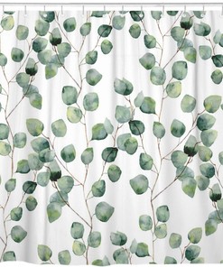 Watercolor Green Floral Leaf Eucalyptus Round Leaves Succulent Pattern Branches Home Bathroom Decor Fabric Waterproof Shower Curtain