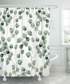Watercolor Green Floral Leaf Eucalyptus Round Leaves Succulent Pattern Branches Home Bathroom Decor Fabric Waterproof Shower Curtain