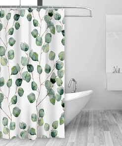 Watercolor Green Floral Leaf Eucalyptus Round Leaves Succulent Pattern Branches Home Bathroom Decor Fabric Waterproof Shower Curtain