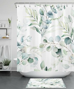 Watercolor Green Palm Leaf Shower Curtain - Tropical Bathroom Decor Print