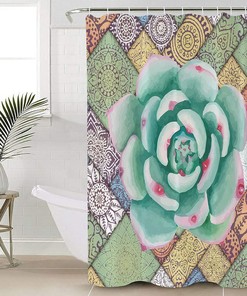 Watercolor Green Tropical Succulent Mandala Pattern Shower Curtain for a Boho-Inspired Bathroom Decor 