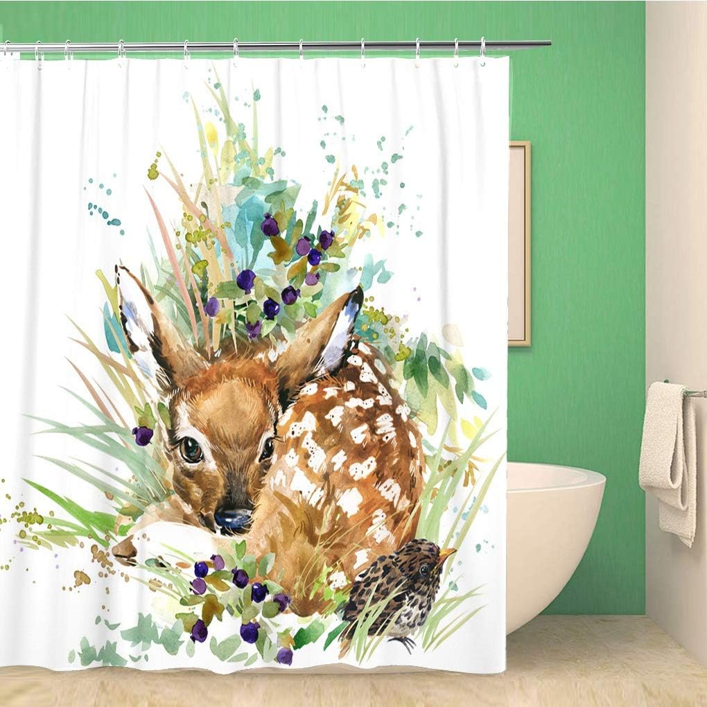 Watercolor Illustration Forest Animals Deer Fawn Shower Curtain - Baby Background Art Bathroom Decor