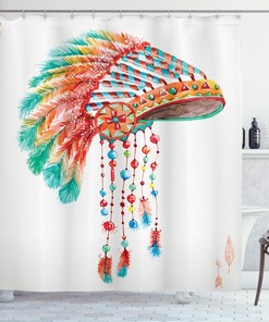 Watercolor Native Chief Shower Curtain, Tribal Headdress with Feather Beads Arrow Print- Bathroom Curtain