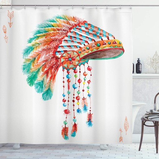 Watercolor Native Chief Shower Curtain, Tribal Headdress with Feather Beads Arrow Print- Bathroom Curtain