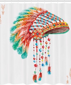 Watercolor Native Chief Shower Curtain, Tribal Headdress with Feather Beads Arrow Print- Bathroom Curtain
