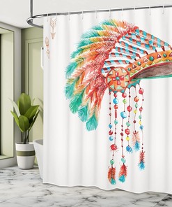 Watercolor Native Chief Shower Curtain, Tribal Headdress with Feather Beads Arrow Print- Bathroom Curtain