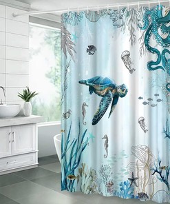 Watercolor Ocean Life Shower Curtain with Turtle, Octopus and Fish Design
