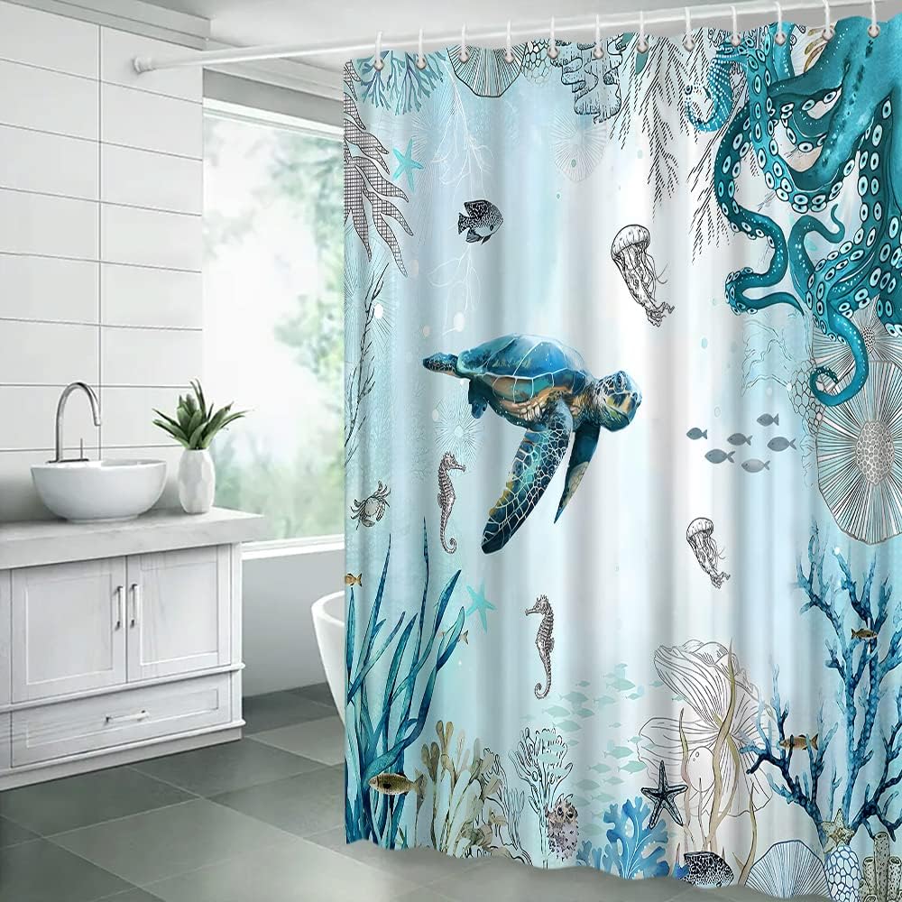 Watercolor Ocean Life Shower Curtain with Turtle, Octopus and Fish