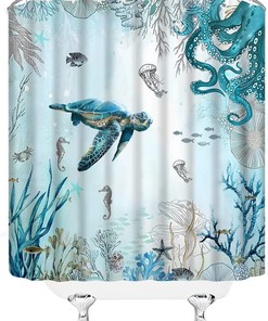 Watercolor Ocean Life Shower Curtain with Turtle, Octopus and Fish Design