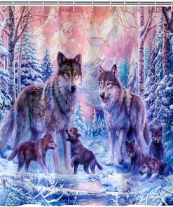 Watercolor Painting Art Theme Wolf Family in Snowy Winter Forest Print Shower Curtain