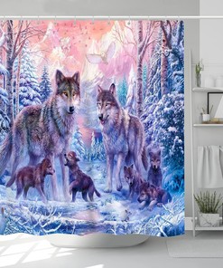 Watercolor Painting Art Theme Wolf Family in Snowy Winter Forest Print Shower Curtain