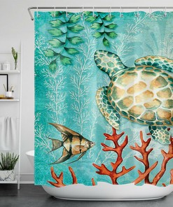 Watercolor Sea Turtle Shower Curtain Tropical Fish Bathroom Decor