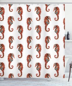 Watercolor Seahorse Shower Curtain, Beautiful Nature Inspired Cloth Bathroom Decor in Grey and Red