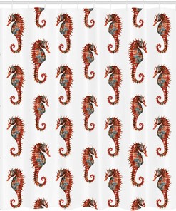 Watercolor Seahorse Shower Curtain, Beautiful Nature Inspired Cloth Bathroom Decor in Grey and Red