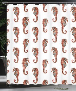 Watercolor Seahorse Shower Curtain, Beautiful Nature Inspired Cloth Bathroom Decor in Grey and Red