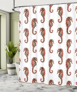 Watercolor Seahorse Shower Curtain, Beautiful Nature Inspired Cloth Bathroom Decor in Grey and Red