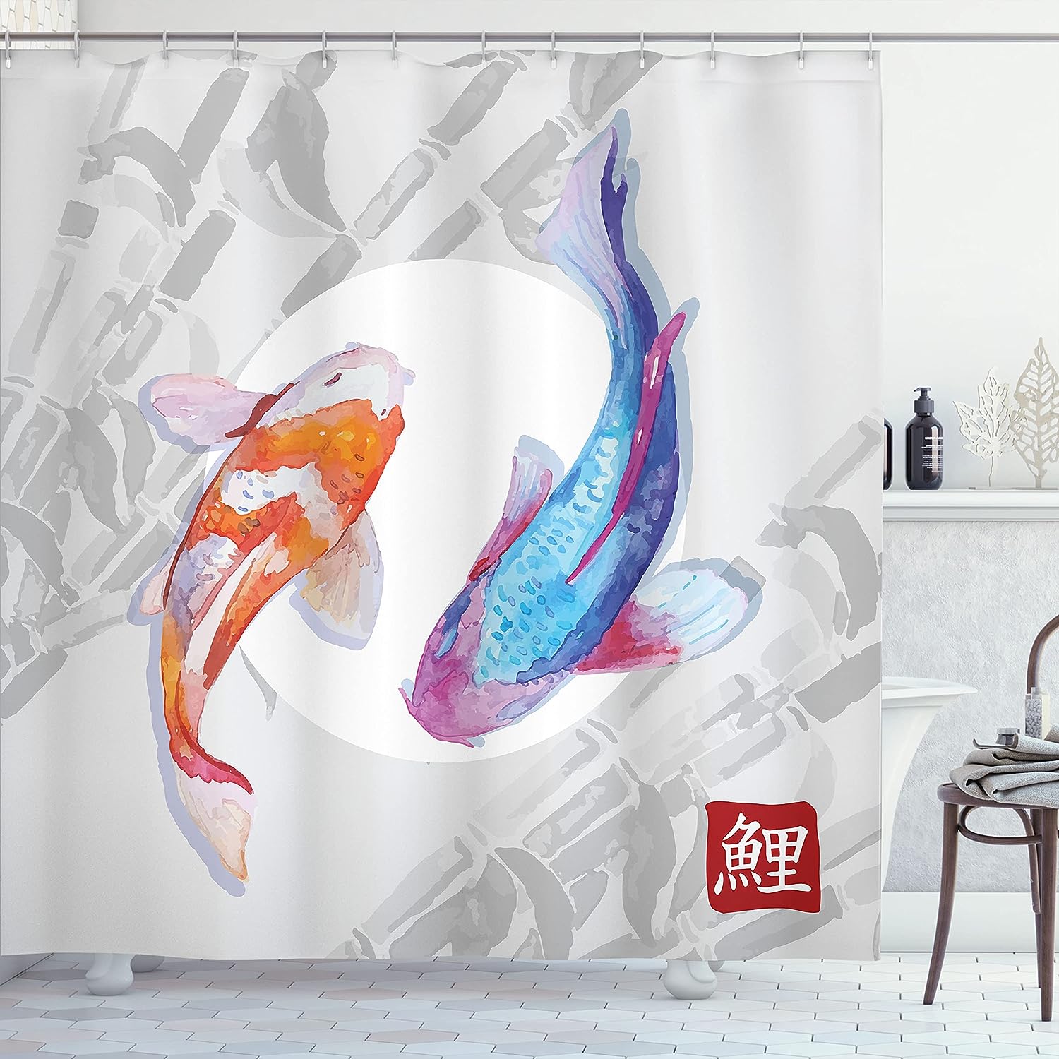 Watercolor Style Koi Fish Couple Shower Curtain, Eastern Marine Life Bathroom Decor