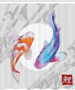 Watercolor Style Koi Fish Couple Shower Curtain, Eastern Marine Life Bathroom Decor