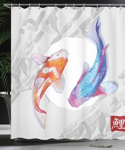 Watercolor Style Koi Fish Couple Shower Curtain, Eastern Marine Life Bathroom Decor