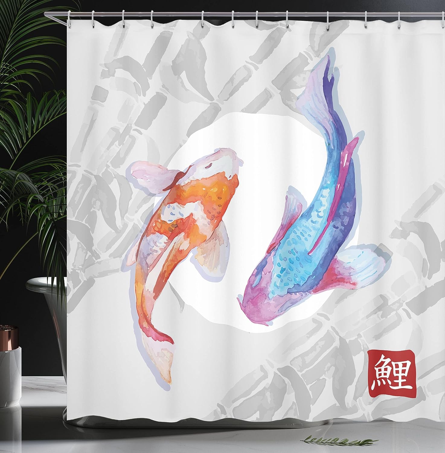 Watercolor Style Koi Fish Couple Shower Curtain, Eastern Marine Life Bathroom Decor